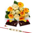 BUNCH OF 12 MIX ROSES WITH 2 BOURNVILLE CHOCOLATES WITH 1 RAKHI AND ROLI CHAWAL