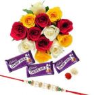 BUNCH OF 12 MIX ROSES WITH 3 DAIRY MILK CADBURIES WITH 1 RAKHI AND ROLI CHAWAL