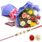 BUNCH OF 12 MIX ROSES WITH 3 DAIRY MILK CADBURIES WITH 1 RAKHI AND ROLI CHAWA