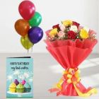 BUNCH OF 12 MIX ROSES BUNCH OF 5 MIX COLOR BALLOONS WITH BIRTHDAY CARD