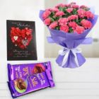 BUNCH OF 12 PINK CARNATIONS WITH 2 DAIRY MILK SILK VALENTINE GREETING CARD