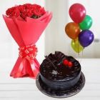 BUNCH OF 12 RED CARNATIONS WITH CHOCOLATE FANTASY CAKE WITH SET OF 5 BLOWN BALLOONS