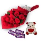 BUNCH OF 12 RED ROSES WITH 3 DAIRY MILK WITH TEDDY