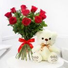 BUNCH OF 12 RED ROSES WITH 6 INCH TEDDY BEAR