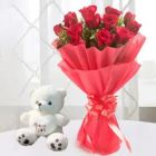 BUNCH OF 12 RED ROSES WITH 6 INCH WHITE TEDDY BEAR 