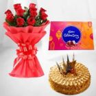 BUNCH OF 12 RED ROSES WITH BUTTERSCOTCH CAKE WITH BOX OF CELEBRATIONS