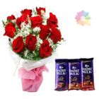 BUNCH OF 12 RED ROSES WITH SPECIAL PACKING WITH 3 DAIRY MILK SILK CHOCOLATE