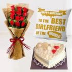 BUNCH OF 12 RED ROSES PHOTO CUSHION WITH HALF KG HEART SHAPE WHITE FOREST CAKE