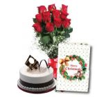 BUNCH OF 12 ROSES WITH 1 POUND CHOCO VANILLA CAKE AND A CHRISTMAS GREETING CARD