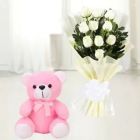 BUNCH OF 12 WHITE ROSES WITH 1 FEET HEIGHT PINK COLOUR TEDDY BEAR 