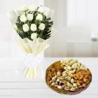 BUNCH OF 12 WHITE ROSES WITH 1 KG ASSORTED DRYFRUITS BASKET