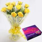 BUNCH OF 12 YELLOW ROSES WITH CELEBRATION BOX OF CHOCOLATES