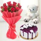 BUNCH OF 15 RED ROSES WITH BLUEBERRY CAKE WITH 6 INCH TEDDYBEAR