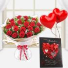 BUNCH OF 15 RED ROSES WITH VALENTINE DAY CARD WITH PAIR OF 2 HEART SHAPE BALLOONS