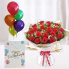 BUNCH OF 15 RED ROSES BUNCH OF 5 MIX COLOR BALLOONS WITH BIRTHDAY CARD