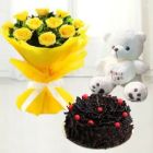 BUNCH OF 15 YELLOW ROSES WITH BLACK FOREST CAKE CUTE 6 INCH TEDDY BEAR