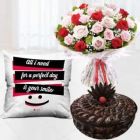 BUNCH OF 20 PINK AND RED ROSES PHOTO CUSHION WITH HALF KG CHOCOLATE FUDGE CAKE
