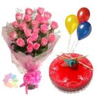 BUNCH OF 20 PINK ROSES WITH STRAWBERRY FRESH CREAM CAKE WITH 3 BLOWN BALLOONS