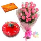 BUNCH OF 20 PINK ROSES WITH STRAWBERRY FRESH CREAM CAKE WITH BOX OF CELEBRATIONS