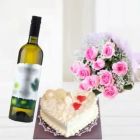 BUNCH OF 20 PINK ROSES WITH VANILLA FRESH CREAM CAKE WITH BOTTLE OF WHITE WINE 