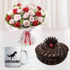 BUNCH OF 20 RED AND PINK ROSES HALF KG CHOCOLATE FUDGE CAKE PHOTO MUG