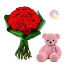 BUNCH OF 20 RED ROSES WITH 1 FEET HEIGHT PINK COLOUR TEDDY BEAR 