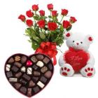 BUNCH OF 20 ROSES 6 INCH TEDDY BEAR WITH A BOX OF CHOCOLATES