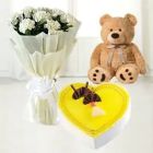 BUNCH OF 20 WHITE CARNATIONS WITH PINEAPPLE HEART SHAPE CAKE 6 INCH TEDDYBEAR