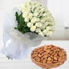 BUNCH OF 20 WHITE ROSES WITH BASKET OF HALF KG ALMONDS