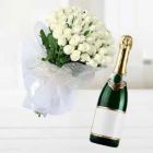 BUNCH OF 20 WHITE ROSES WITH BOTTLE OF CHAMPEGNE