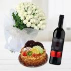 BUNCH OF 30 WHITE ROSES WITH BLUEBERRY CAKE WITH BOTTLE OF RED WINE 