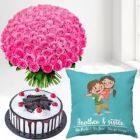 BUNCH OF 40 PINK ROSES HALF KG BLACK FOREST CAKE WITH PHOTO CUSHION