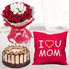 BUNCH OF 40 RED AND WHITE ROSES PHOTO CUSHION HALF KG CHOCOLATE CAKE