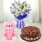 BUNCH OF 5 WHITE LILIES WITH 6 INCH TEDDYBEAR WITH CHOCOLATE CHEESE CAKE