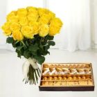 BUNCH OF 50 YELLOW ROSES WITH 1 KG ASSORTED SWEETS