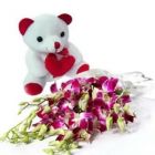 BUNCH OF 6 LAVENDER ORCHIDS WITH 8 INCH TEDDY BEAR