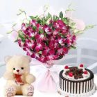BUNCH OF 8 LAVENDER ORCHIDS WITH 6 INCH TEDDY 1 POUND BLACK FOREST CAKE