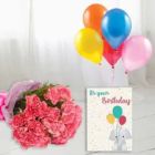BUNCH OF 8 PINK CARNATIONS 5 BUNCH OF MIX COLOR BALLOONS WITH BIRTHDAY CARD