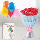 BUNCH OF 8 PINK CARNATIONS BUNCH OF 5 MIX COLOR BALLOONS WITH BIRTHDAY CARD