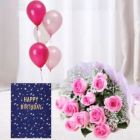 BUNCH OF 8 PINK ROSES 5 BUNCH OF MIX COLOR BALLOONS WITH BIRTHDAY CARDS