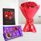 BUNCH OF 8 RED CARNATIONS 2 DAIRY MILK SILK VALENTINE GREETING CARD