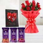 BUNCH OF 8 RED ROSES 3 DAIRY MILK SILK CHOCOLATES VALENTINE GREETING CARD