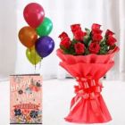 BUNCH OF 8 RED ROSES BUNCH OF 5 MIX COLOR BALLOONS WITH BIRTHDAY CARD