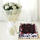 BUNCH OF 8 WHITE CARNATIONS WITH BLACK FOREST CAKE