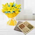BUNCH OF 8 YELLOW ASIATIC LILIES WITH BOX OF HALF KG ASSORTED DRYFRUITS