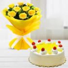 BUNCH OF 8 YELLOW ROSES WITH PINEAPPLE CAKE