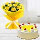 BUNCH OF 8 YELLOW ROSES WITH PINEAPPLE CAKE