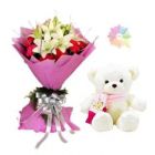 BUNCH OF EXOTIC LILIES AND CARNATION WITH 1 FEET HEIGHT TEDDYBEAR 