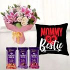 BUNCH OF EXOTIC MIX FLOWERS PHOTO CUSHION WITH SET OF 3 DAIRY MILK SILK