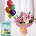 BUNCH OF EXOTIC MIX FLOWERS 5 BUNCH OF MIX COLOR BALLOONS WITH BIRTHDAY CARD